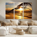 Golden Tropical Beach Sunset Canvas Triptych, Coastal Palm