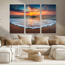 Sunset Beach Canvas Wall Art – Colorful Ocean Waves Triptych