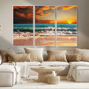 Golden Sunset Beach Canvas Wall Art – Triptych Seascape