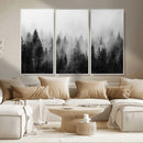 Foggy Black and White Forest Canvas Wall Art, 3 Panel Misty