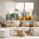 Abstract Watercolor Mountains and Trees Autumn Wall Art,