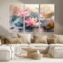 Lotus Flower Wall Art | 3-Panel Giclee Canvas Print of Pink