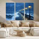 Stormy Ocean Pier Lights Canvas Wall Art Print - Large Moody
