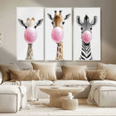 Bubblegum Animals Canvas Wall Art - Playful Giraffe and