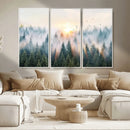 Misty Pine Forest Wall Art Canvas, Sunrise Over Foggy Trees