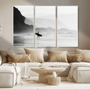 Surfer Beach Wall Art – Framed Black White Ocean Canvas
