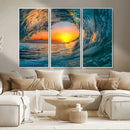 Ocean Wave Sunset Wall Art | Large Coastal Wave Canvas Print
