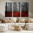 Red Forest Floor Canvas Wall Art – Mystical Foggy Woodland