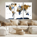 Modern Abstract World Map Canvas Wall Art – Framed Blue and