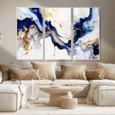 Golden Cascades on Midnight Blue – Deep Blue Abstract Wall