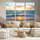 Golden Sunset Over Ocean Waves - Serene Coastal Triptych