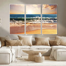Sunset Beach Wall Art - 3-Panel Framed Canvas Print, Ready