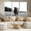 Black and White Highland Cow Wall Art Canvas Print | Rustic