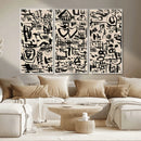 Abstract Love and Chaos Canvas Print, Black Symbols on Beige