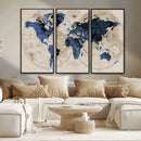 Vintage Blue World Map Canvas Wall Art – Antique Style