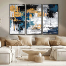 Blue and Gold Abstract Canvas Wall Art – Triptych Modern