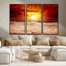 Red Sunset Ocean Beach Canvas Wall Art Beach Canvas, Coastal