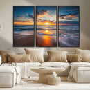 Sunset on the Ocean Beach with Waves, Reflections on Sand,