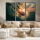 Ocean Wave Sunset Canvas Wall Art – Triptych Seascape Print