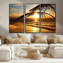 Golden Tropical Beach Sunset Canvas Triptych, Coastal Palm