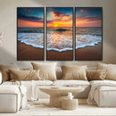 Sunset Beach Canvas Wall Art – Colorful Ocean Waves Triptych