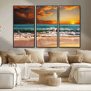 Golden Sunset Beach Canvas Wall Art – Triptych Seascape