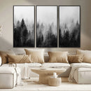 Foggy Black and White Forest Canvas Wall Art, 3 Panel Misty