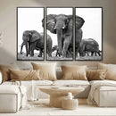 Black White Elephant Family Wall Art Canvas Print
