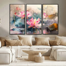 Lotus Flower Wall Art | 3-Panel Giclee Canvas Print of Pink