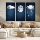 Dark Blue Cloud Art, 3 Piece Indigo Blue Wall Art, Aesthetic