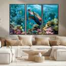 Sea Turtle and Coral Reef Triptych Wall Art – Vibrant