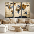 World Map Wall Art – Antique Style Blue and Brown Map Canvas