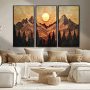 Wood Style Abstract Mountain Sunset Canvas Wall Art Print -