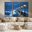 Stormy Ocean Pier Lights Canvas Wall Art Print - Large Moody