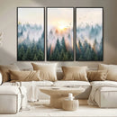 Misty Pine Forest Wall Art Canvas, Sunrise Over Foggy Trees