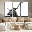 Longhorn Wall Art Canvas Print – Framed Monochrome Ranch Cow