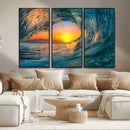 Ocean Wave Sunset Wall Art | Large Coastal Wave Canvas Print