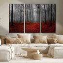 Red Forest Floor Canvas Wall Art – Mystical Foggy Woodland