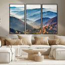 Misty Mountain Sunrise Triptych Canvas Print – Autumn