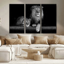 Large Black and White Lion Couple Wall Art Canvas Print –