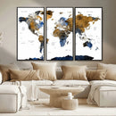 Modern Abstract World Map Canvas Wall Art – Framed Blue and