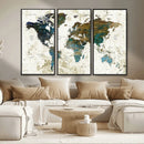 Vintage World Map Wall Art Canvas Print, Framed Rustic Earth