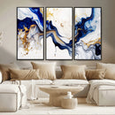 Golden Cascades on Midnight Blue – Deep Blue Abstract Wall