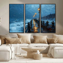 Stormy Night at Beach Pier Oil Painting Large Wall Art