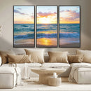 Golden Sunset Over Ocean Waves - Serene Coastal Triptych