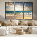 Golden Sunset Beach Triptych Canvas Wall Art for Living Room