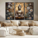 Golden Buddha Wall Art Canvas Print | Zen Meditation Floral