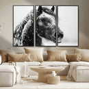 Winter Horse Canvas Print | Large 3-Panel Black White Equine