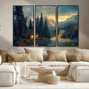 Mountain Cabin by the Lake at Sunset Wall Art - Serene