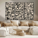 Abstract Love and Chaos Canvas Print, Black Symbols on Beige